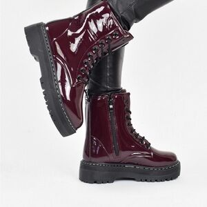 Sincerely Jules Harley 2 Burgundy Glossy Maroon Platform Lace & Zip Combat Boots